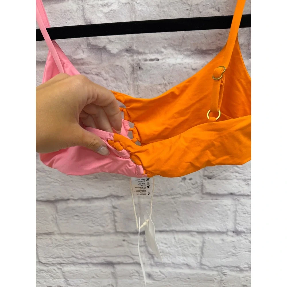 L*Space Solstice Bikini Top Orange Pink Colorblock Ruched Swim Sz S NWT's Beach